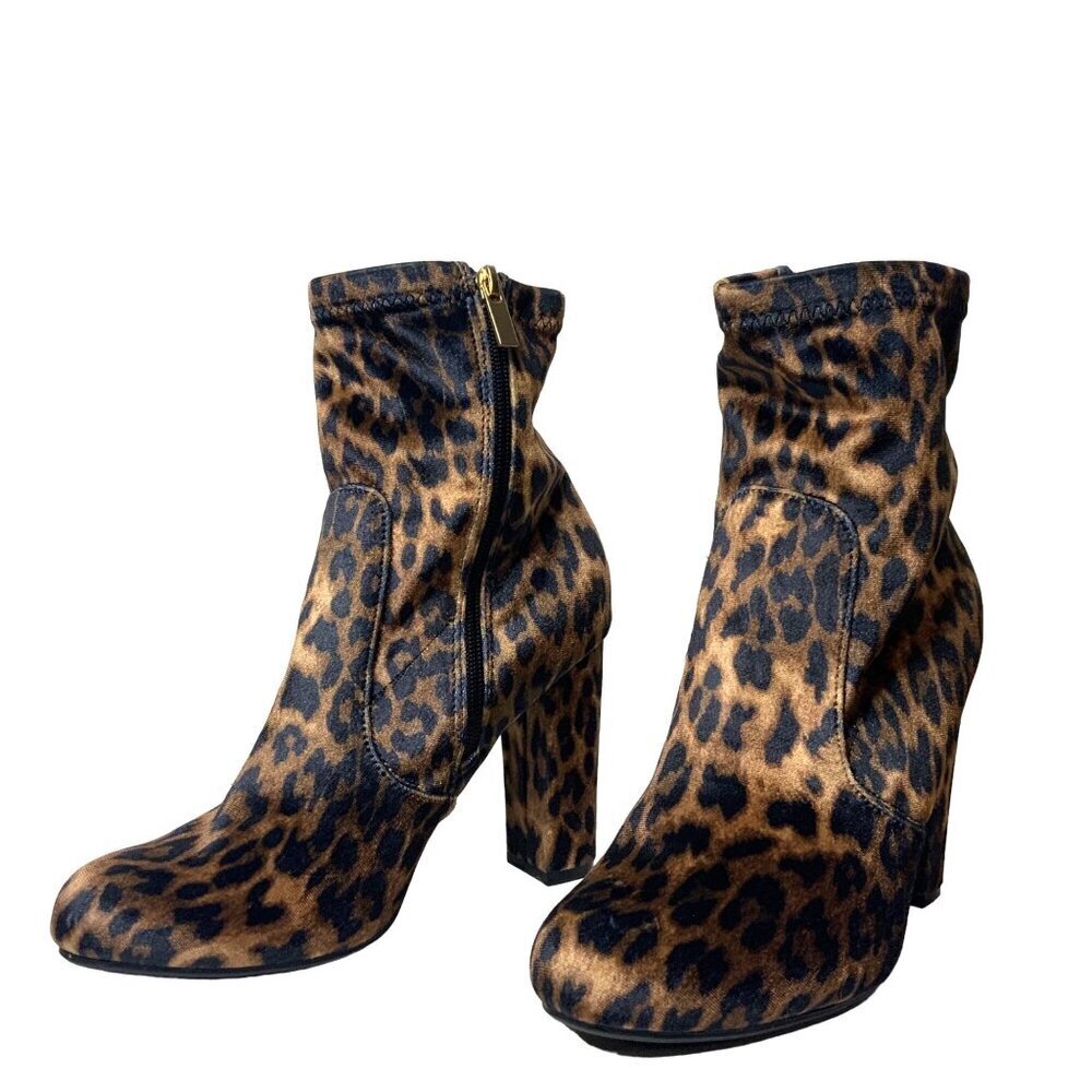 Bamboo Leopard Print Ankle Boot Faux Velvet slip on Heal women’s 8